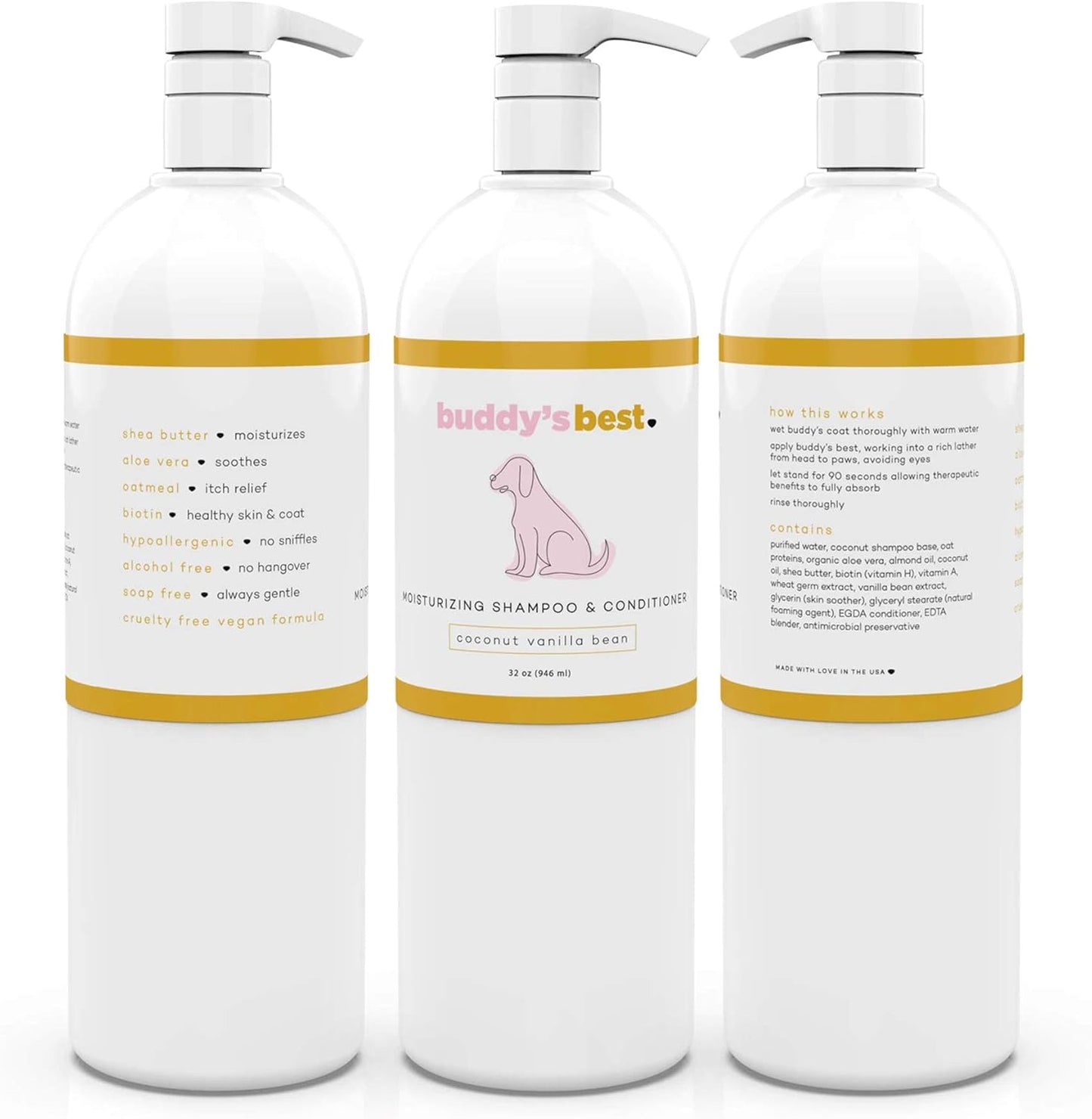 Buddy'S Best Dog Shampoo for Smelly Dogs - Oatmeal Dog Shampoo and Conditioner for Dry and Sensitive Skin - Moisturizing Puppy Wash Shampoo, Coconut Vanilla Bean Scent, 32Oz