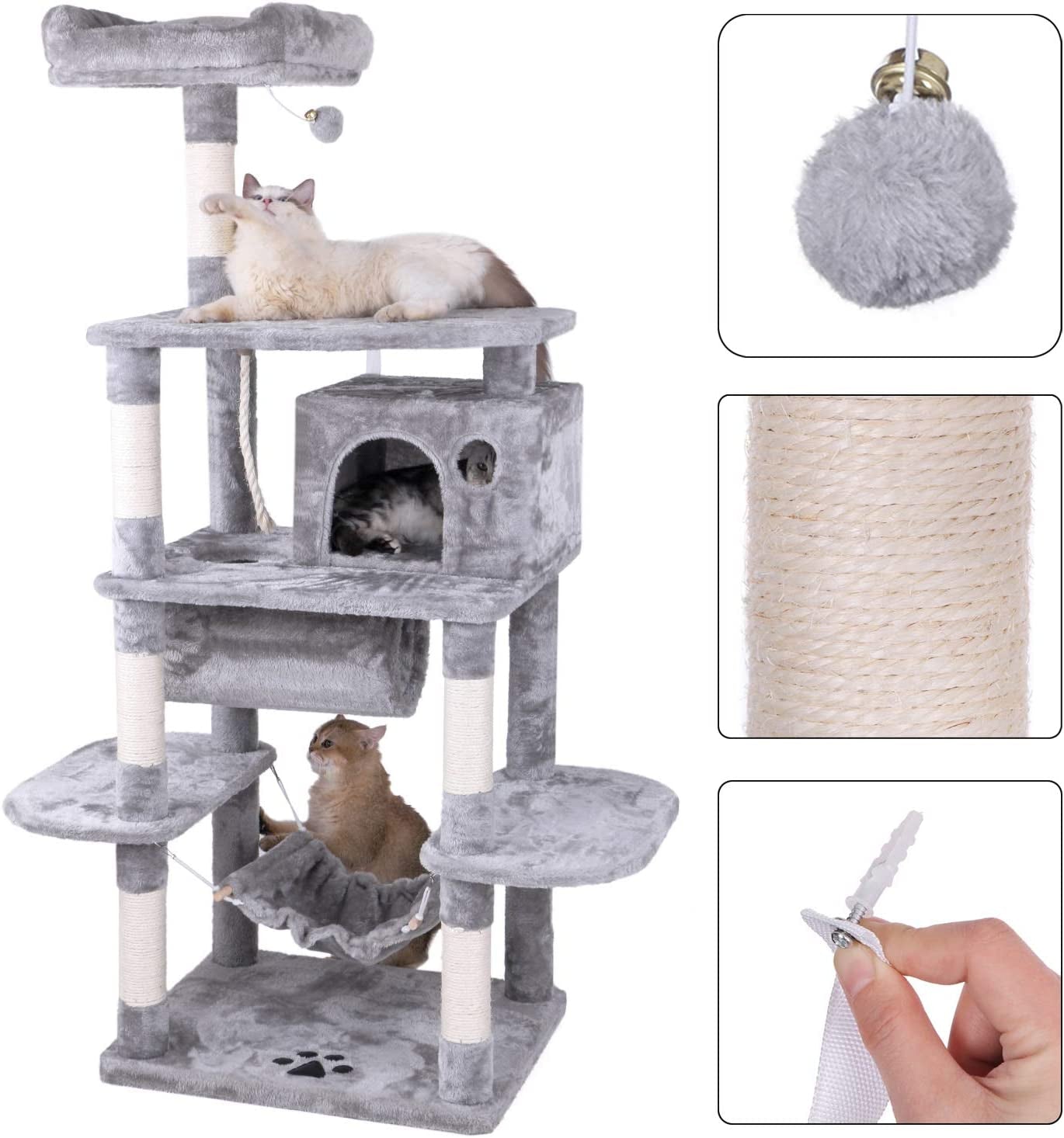 BEWISHOME Cat Tree Condo Furniture Kitten Activity Tower Pet Kitty Play House with Scratching Posts Perch Hammock Tunnel MMJ02 (Light Grey)