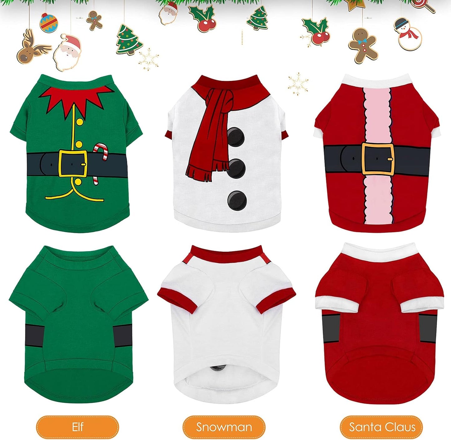 Pedgot 3-Piece Dog & Cat Christmas Shirts - Santa Claus, Snowman, Elf Patterns - Large, Cotton/Polyester, Cosplay Pet Apparel