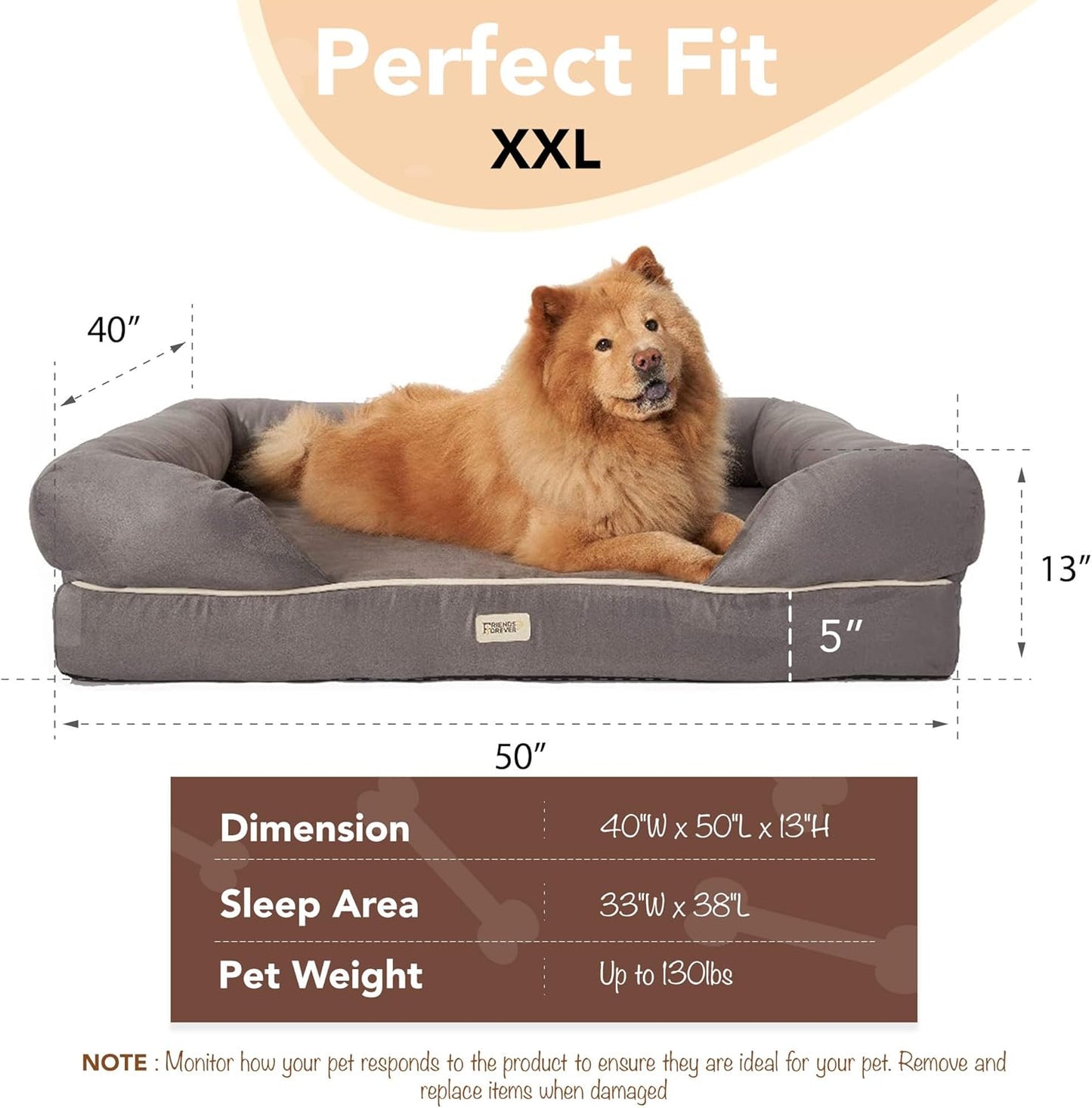 Friends Forever X-Large Dog Bed, Orthopedic Dog Sofa Memory Foam Mattress, Calming Dog Couch Bed, Wall Rim Pillow, Water Resistant Liner, Washable Cover, Non-Slip Bottom, Chester, X-Large Khaki Beige