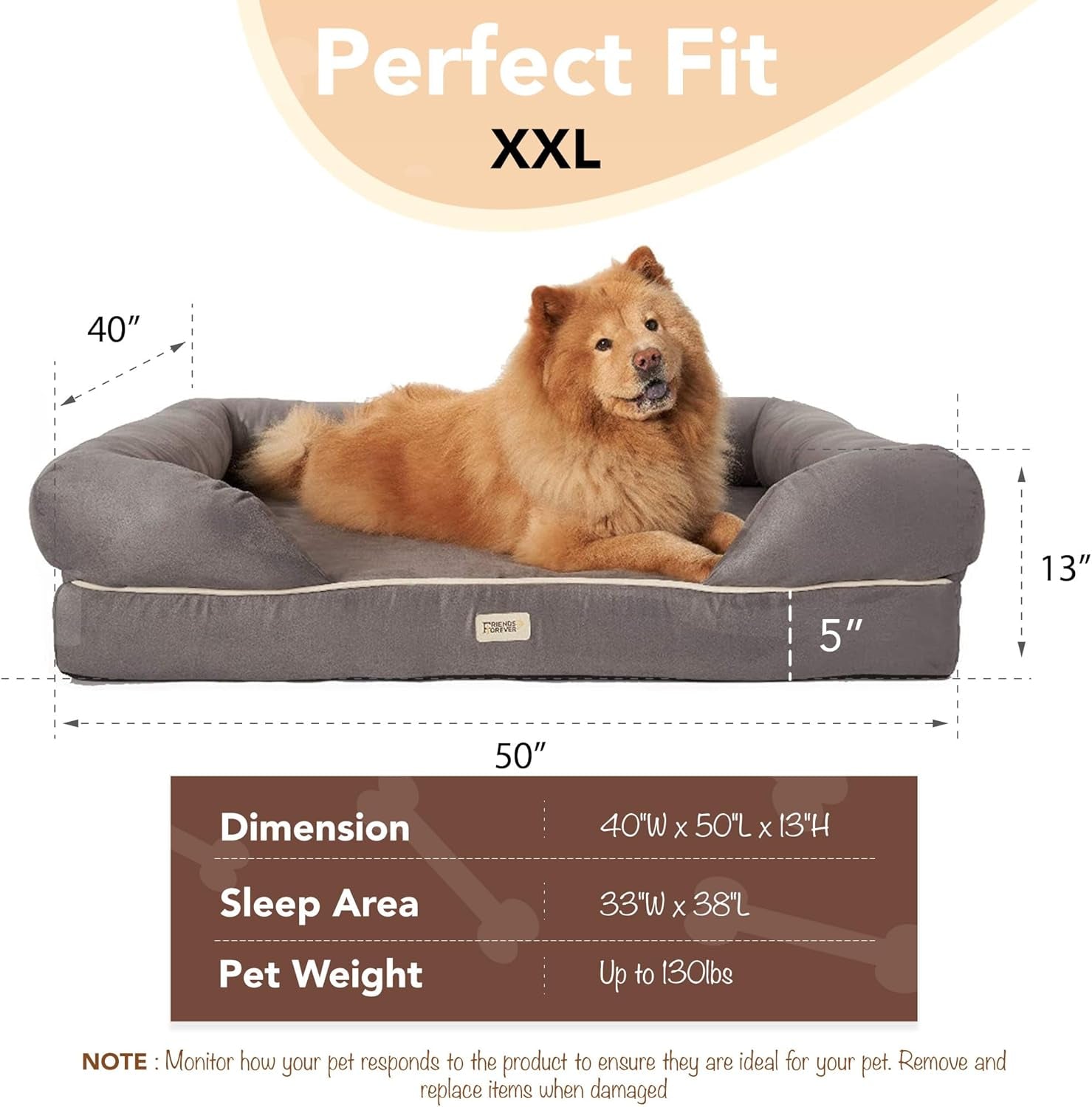 Friends Forever Orthopedic Dog Bed, Bolster Dog Bed with Memory Foam Pet Couch Sofa and Removable Washable Cover, Ally Navy, 42X32X7