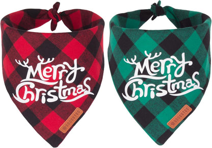 ADOGGYGO 2 Pack Dog Bandana Christmas Classic Plaid Pet Scarf Triangle Bibs Kerchief Merry Christmas Red Santa Snowman Bandana for Medium Large Dogs Pets (Large)