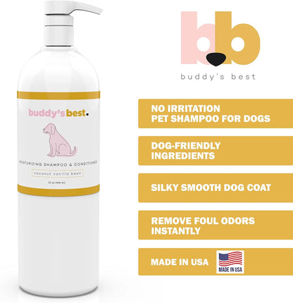 Buddy'S Best Dog Shampoo for Smelly Dogs - Oatmeal Dog Shampoo and Conditioner for Dry and Sensitive Skin - Moisturizing Puppy Wash Shampoo, Coconut Vanilla Bean Scent, 32Oz