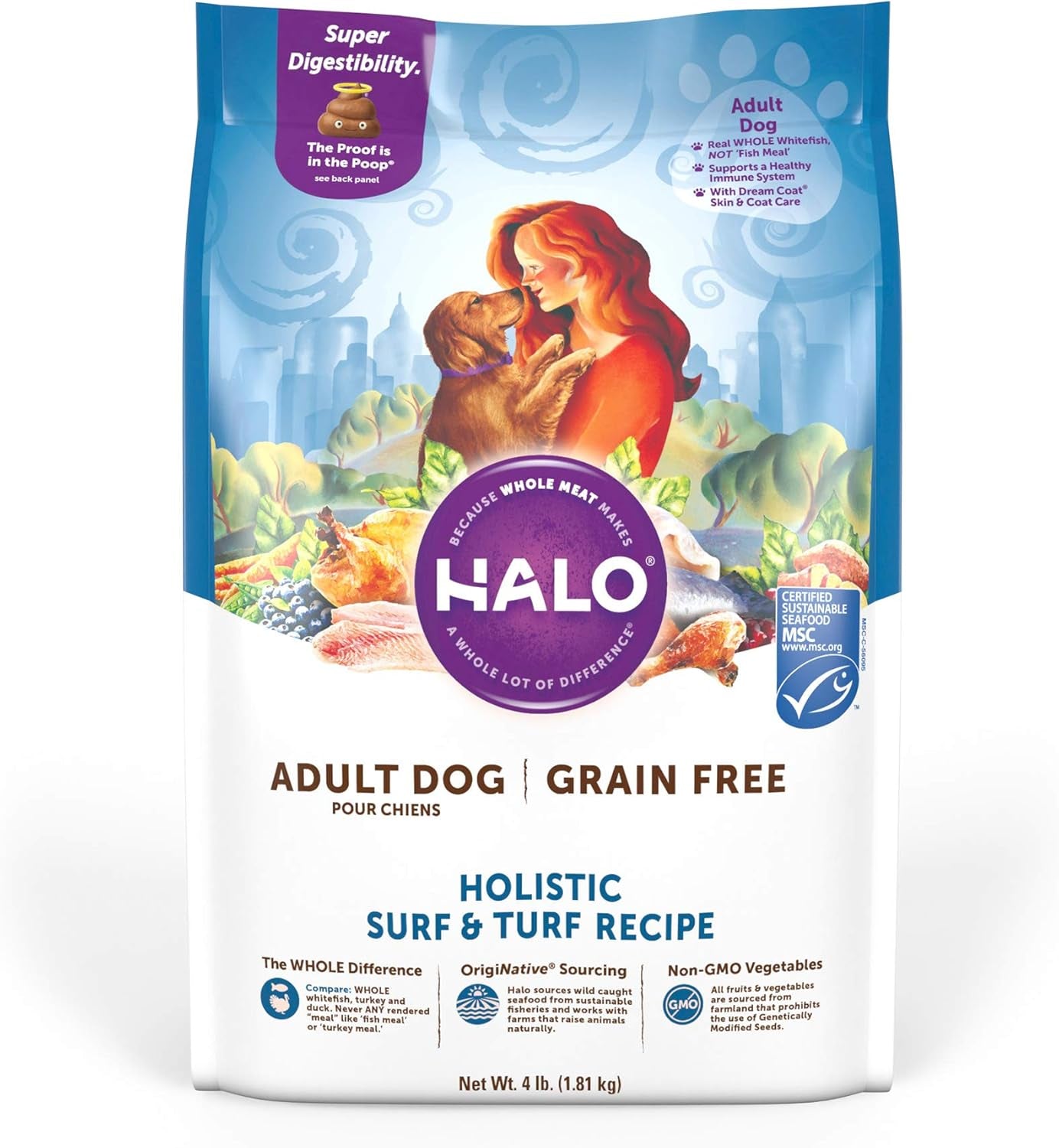 Halo Adult Dry Dog Food, Grain Free, Surf & Turf 4-Pound Bag