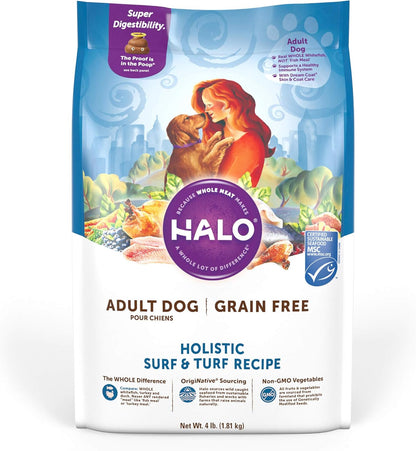 Halo Adult Dry Dog Food, Grain Free, Surf & Turf 4-Pound Bag