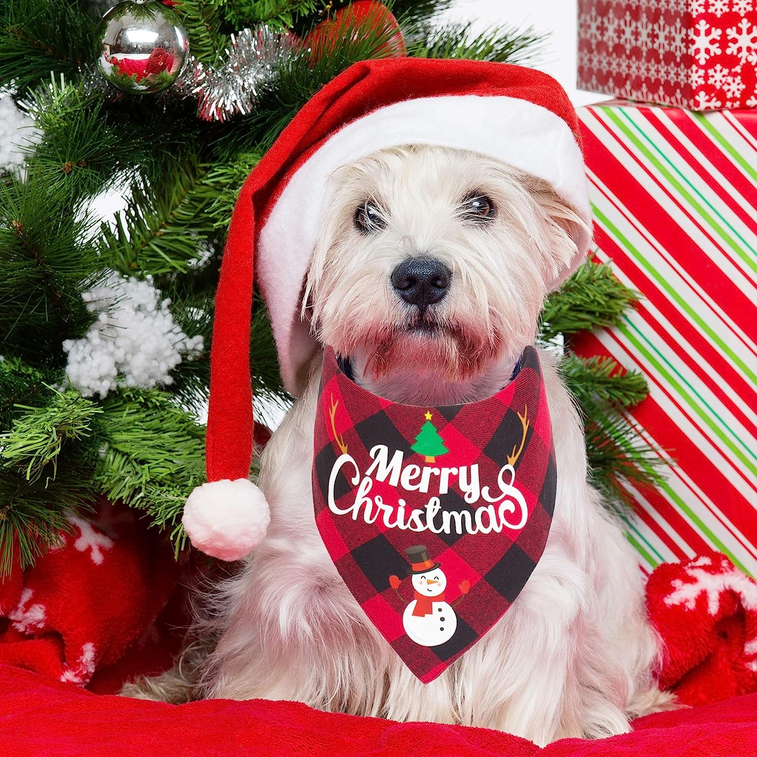 ADOGGYGO 2 Pack Dog Bandana Christmas Classic Plaid Pet Scarf Triangle Bibs Kerchief Merry Christmas Red Santa Snowman Bandana for Medium Large Dogs Pets (Large)