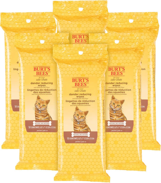 Burt'S Bees for Pets Cat Dander Remover Wipes, Unscented Soft Grooming Cloths with Colloidal Oat Flour + Aloe, Helps Reduce Flaking between Baths for Cats & Kittens, 50 Count - 6 Pack