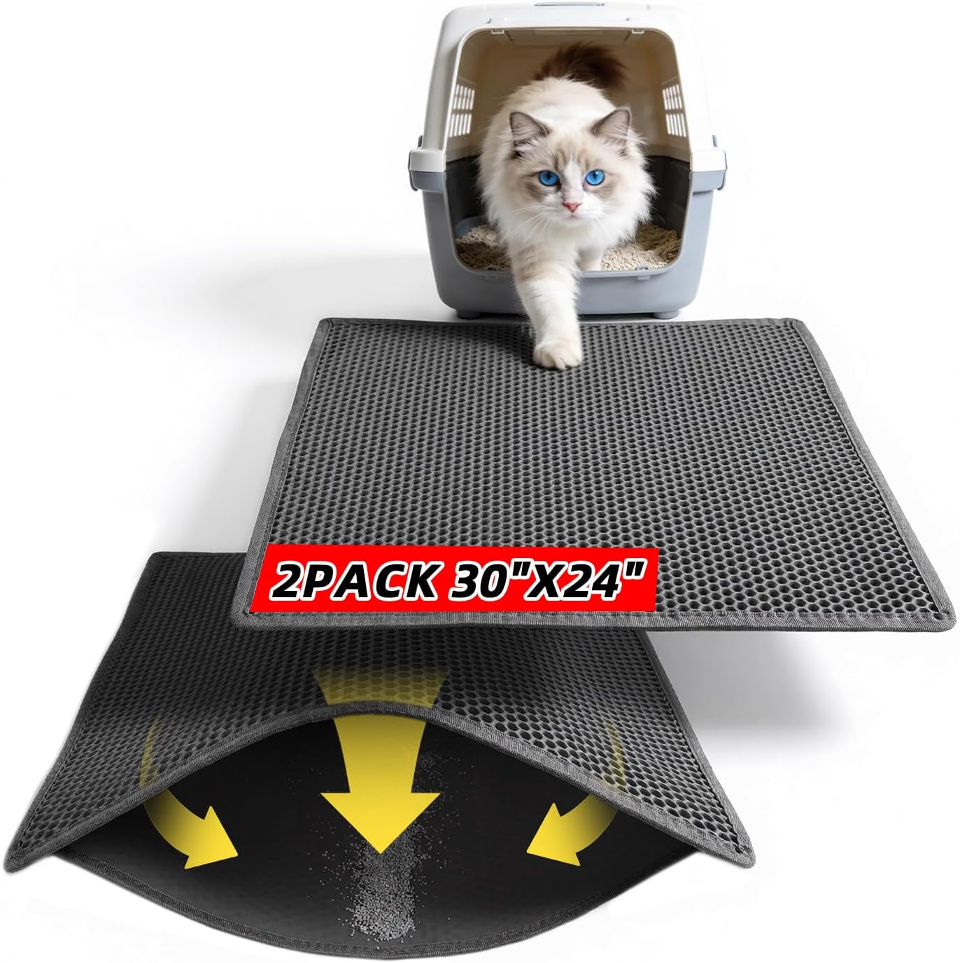 Cat Litter Mat, 15"X24" Small Double Layer Litter Trapping Mat, Waterproof/Urineproof, Easy to Clean Kitty Litter Mats for Floor, Scatter Control (Grey-1Pack)