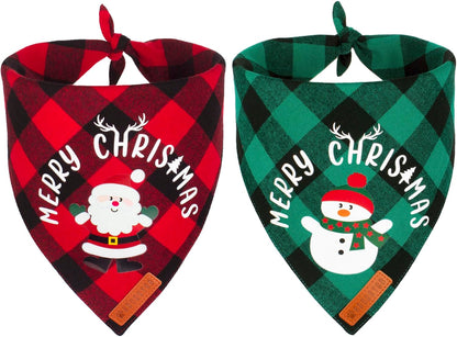 ADOGGYGO 2 Pack Dog Bandana Christmas Classic Plaid Pet Scarf Triangle Bibs Kerchief Merry Christmas Red Santa Snowman Bandana for Medium Large Dogs Pets (Large)