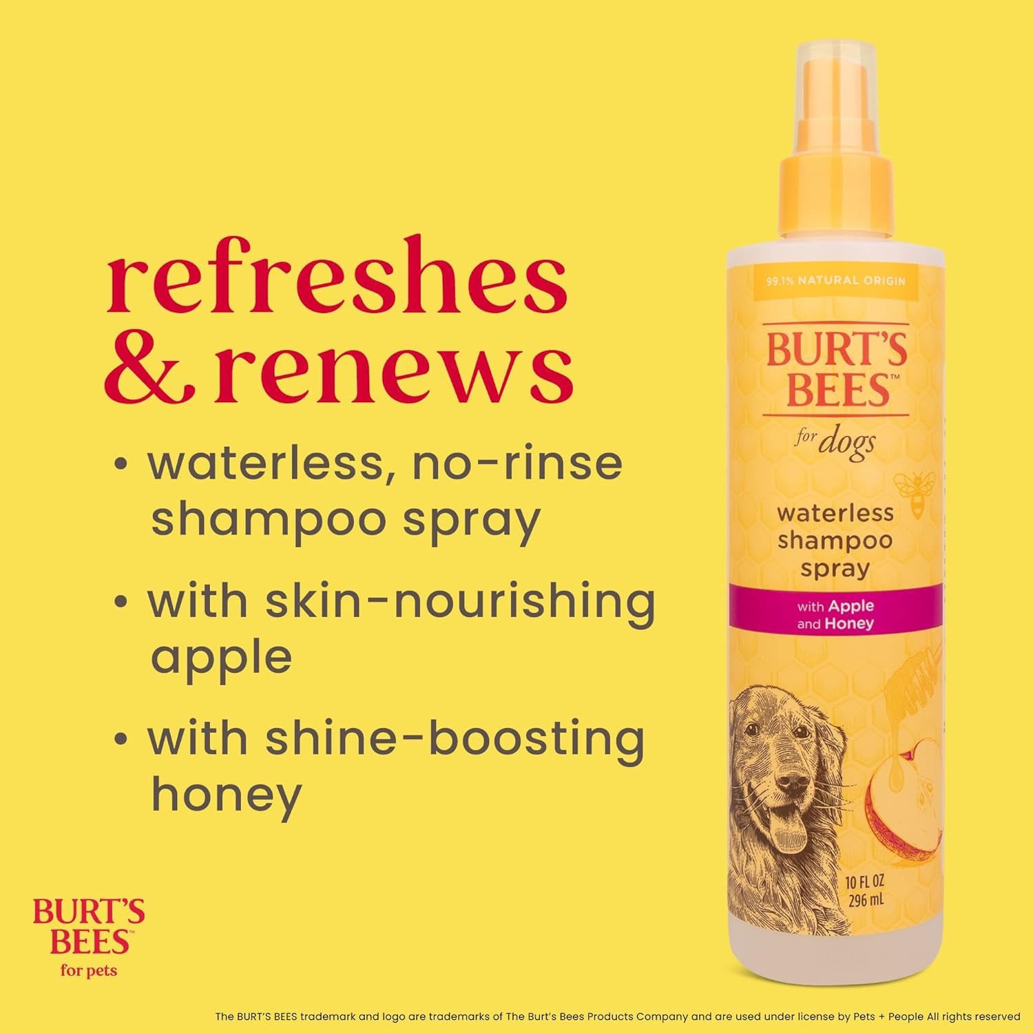Burt'S Bees for Pets Waterless Shampoo Spray for Dogs, Apple & Honey, No-Rinse Dry Dog Shampoo for All Dogs and Puppies, Ph Balanced, No Sulfates, Parabens, Phthalates, 10 Fl Oz