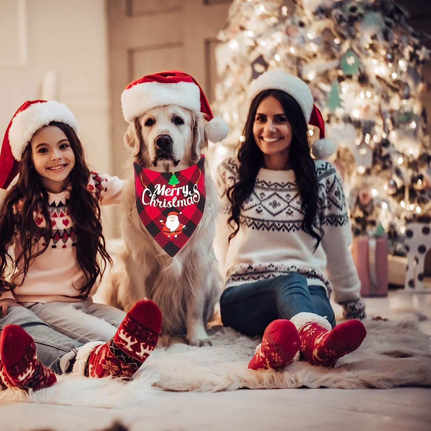 ADOGGYGO 2 Pack Dog Bandana Christmas Classic Plaid Pet Scarf Triangle Bibs Kerchief Merry Christmas Red Santa Snowman Bandana for Medium Large Dogs Pets (Large)