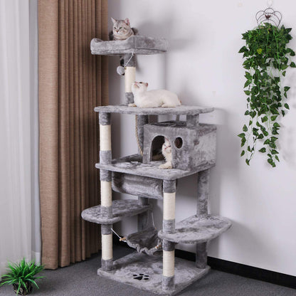 BEWISHOME Cat Tree Condo Furniture Kitten Activity Tower Pet Kitty Play House with Scratching Posts Perch Hammock Tunnel MMJ02 (Light Grey)
