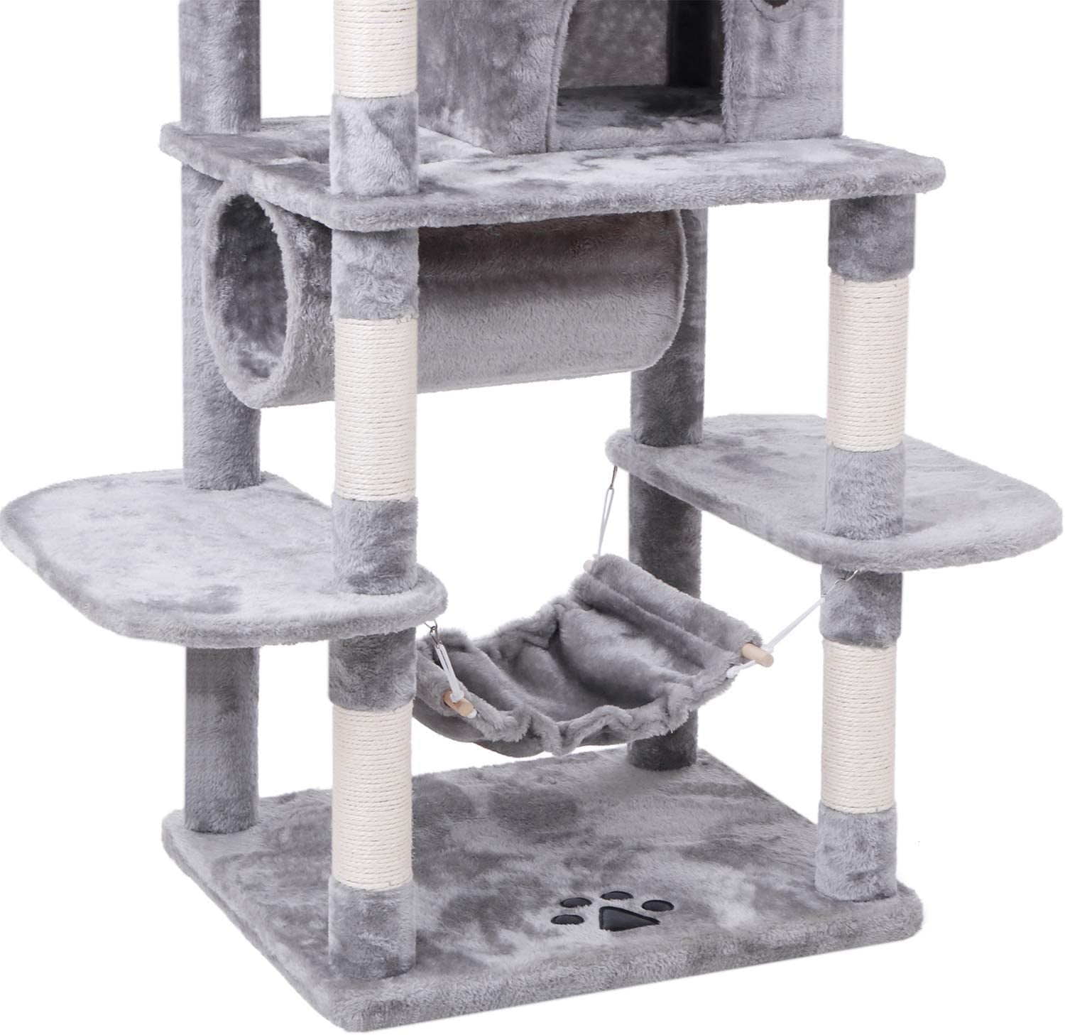 BEWISHOME Cat Tree Condo Furniture Kitten Activity Tower Pet Kitty Play House with Scratching Posts Perch Hammock Tunnel MMJ02 (Light Grey)