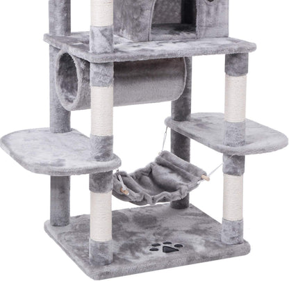 BEWISHOME Cat Tree Condo Furniture Kitten Activity Tower Pet Kitty Play House with Scratching Posts Perch Hammock Tunnel MMJ02 (Light Grey)