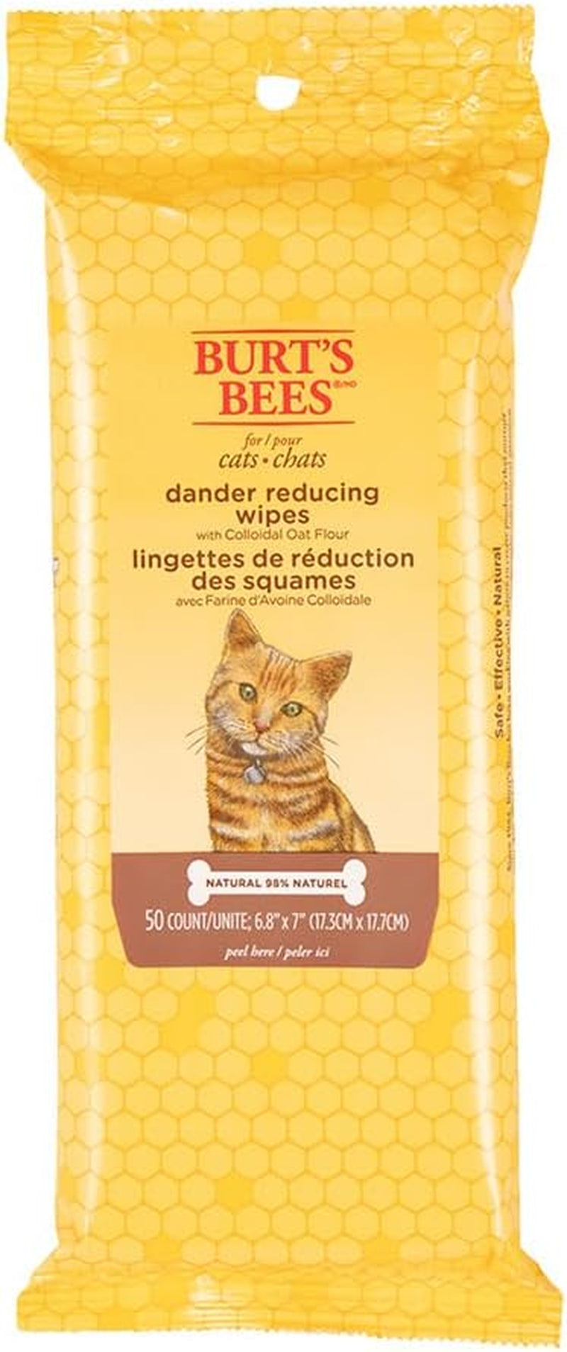 Burt'S Bees for Pets Cat Dander Remover Wipes, Unscented Soft Grooming Cloths with Colloidal Oat Flour + Aloe, Helps Reduce Flaking between Baths for Cats & Kittens, 50 Count - 6 Pack