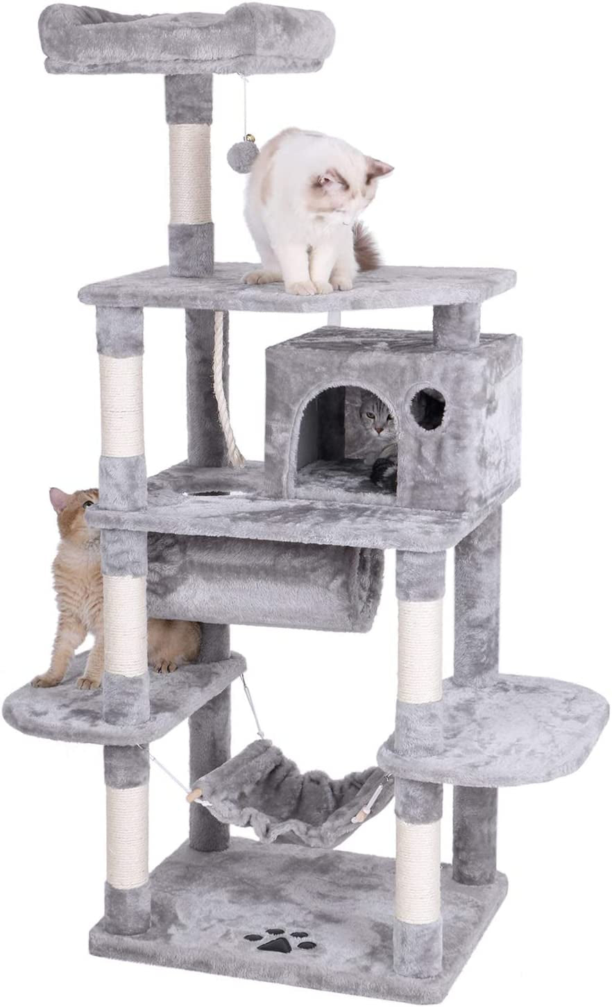 BEWISHOME Cat Tree Condo Furniture Kitten Activity Tower Pet Kitty Play House with Scratching Posts Perch Hammock Tunnel MMJ02 (Light Grey)