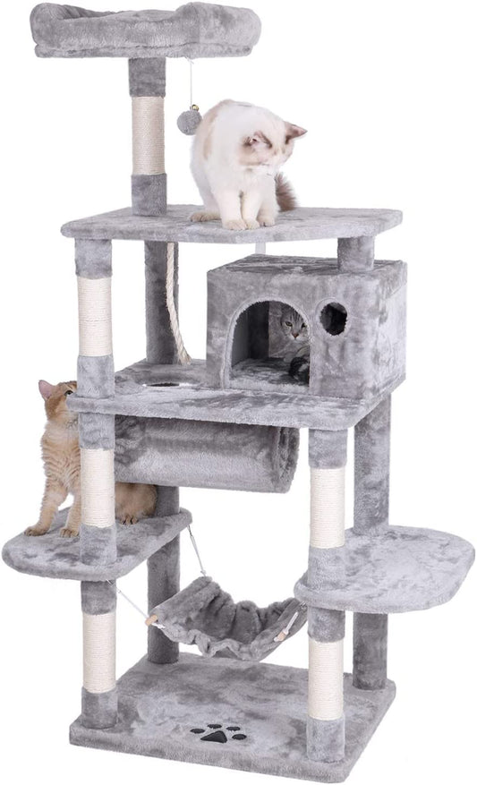 BEWISHOME Cat Tree Condo Furniture Kitten Activity Tower Pet Kitty Play House with Scratching Posts Perch Hammock Tunnel MMJ02 (Light Grey)