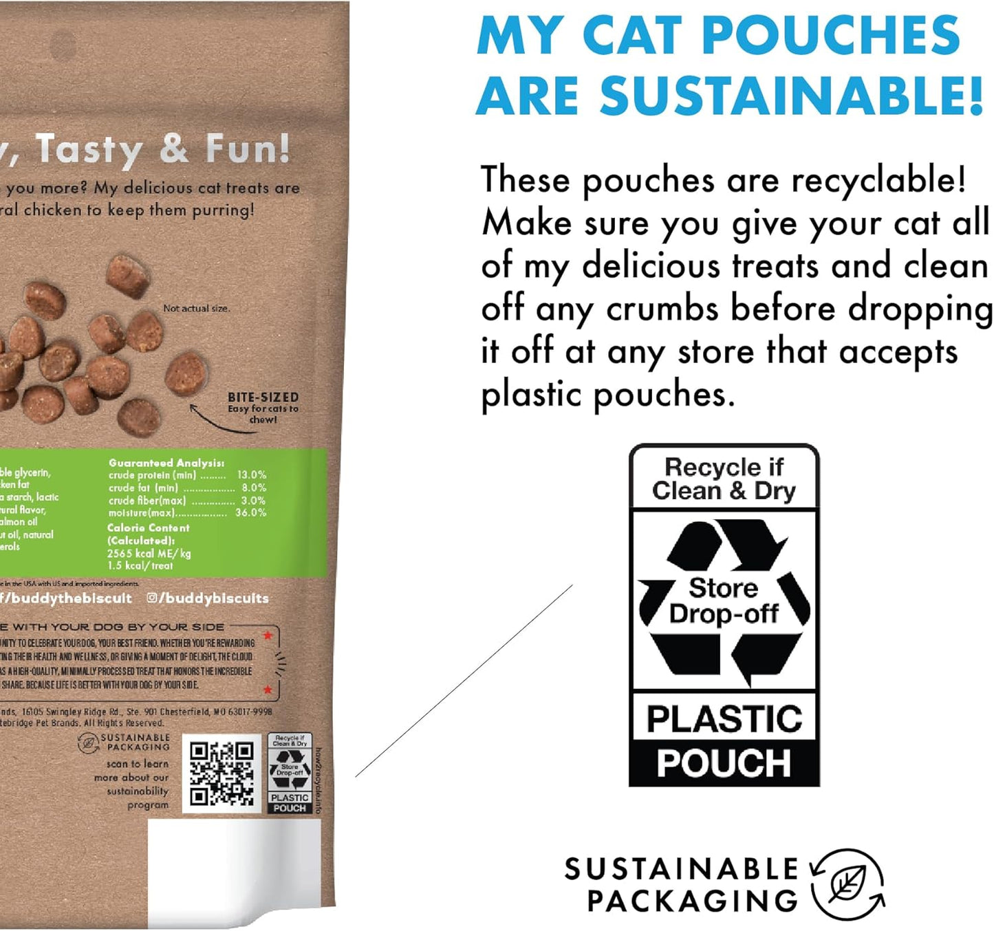Buddy Biscuits 3 Oz Pouch of Grain Free Soft & Chewy Cat Treats Made with Natural Tender Chicken