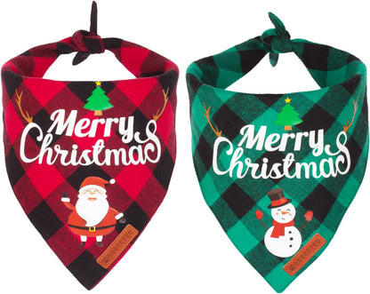 ADOGGYGO 2 Pack Dog Bandana Christmas Classic Plaid Pet Scarf Triangle Bibs Kerchief Merry Christmas Red Santa Snowman Bandana for Medium Large Dogs Pets (Large)