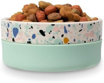 Now House for Pets by Jonathan Adler Mint "Terrazzo" Duo Bowl, Small | Dishwasher Safe, Easy to Clean Dog Bowl with Anti-Skid Lid | Dual Functionality Bowl for Dogs for Storage or Travel