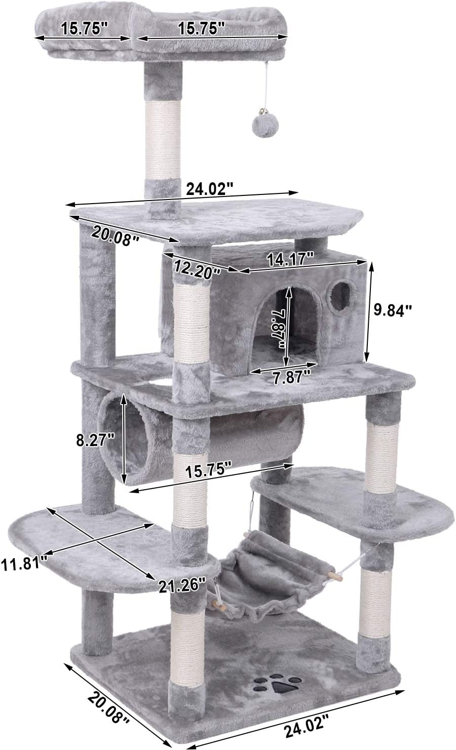 BEWISHOME Cat Tree Condo Furniture Kitten Activity Tower Pet Kitty Play House with Scratching Posts Perch Hammock Tunnel MMJ02 (Light Grey)