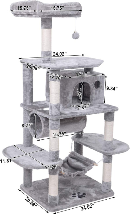 BEWISHOME Cat Tree Condo Furniture Kitten Activity Tower Pet Kitty Play House with Scratching Posts Perch Hammock Tunnel MMJ02 (Light Grey)