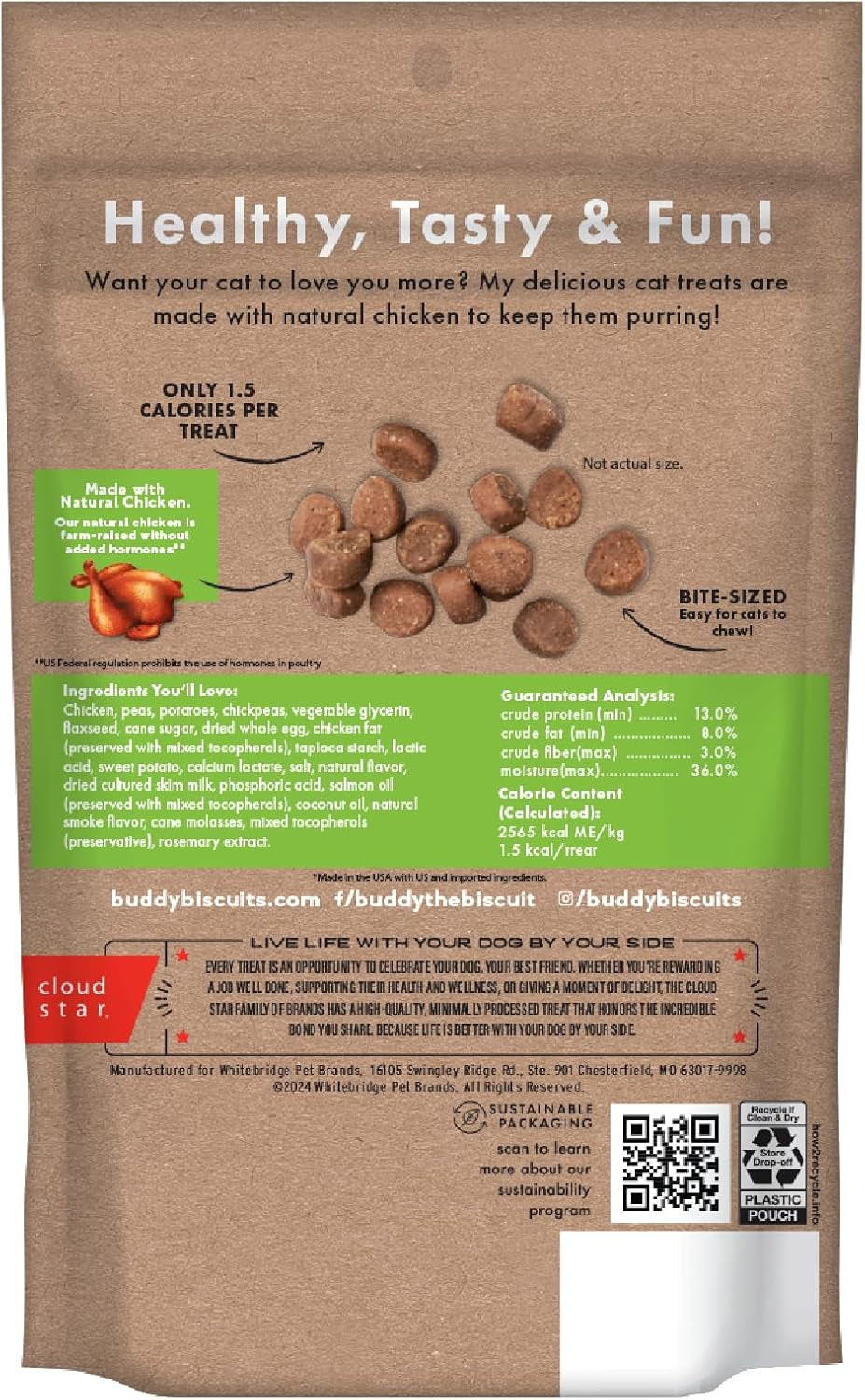 Buddy Biscuits 3 Oz Pouch of Grain Free Soft & Chewy Cat Treats Made with Natural Tender Chicken