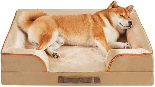 Friends Forever Orthopedic Dog Bed for Medium Dogs, Waterproof Memory Foam Dog Sofa Bed M with Removable Washable Cover, Ally Khaki, 28X23X6.5